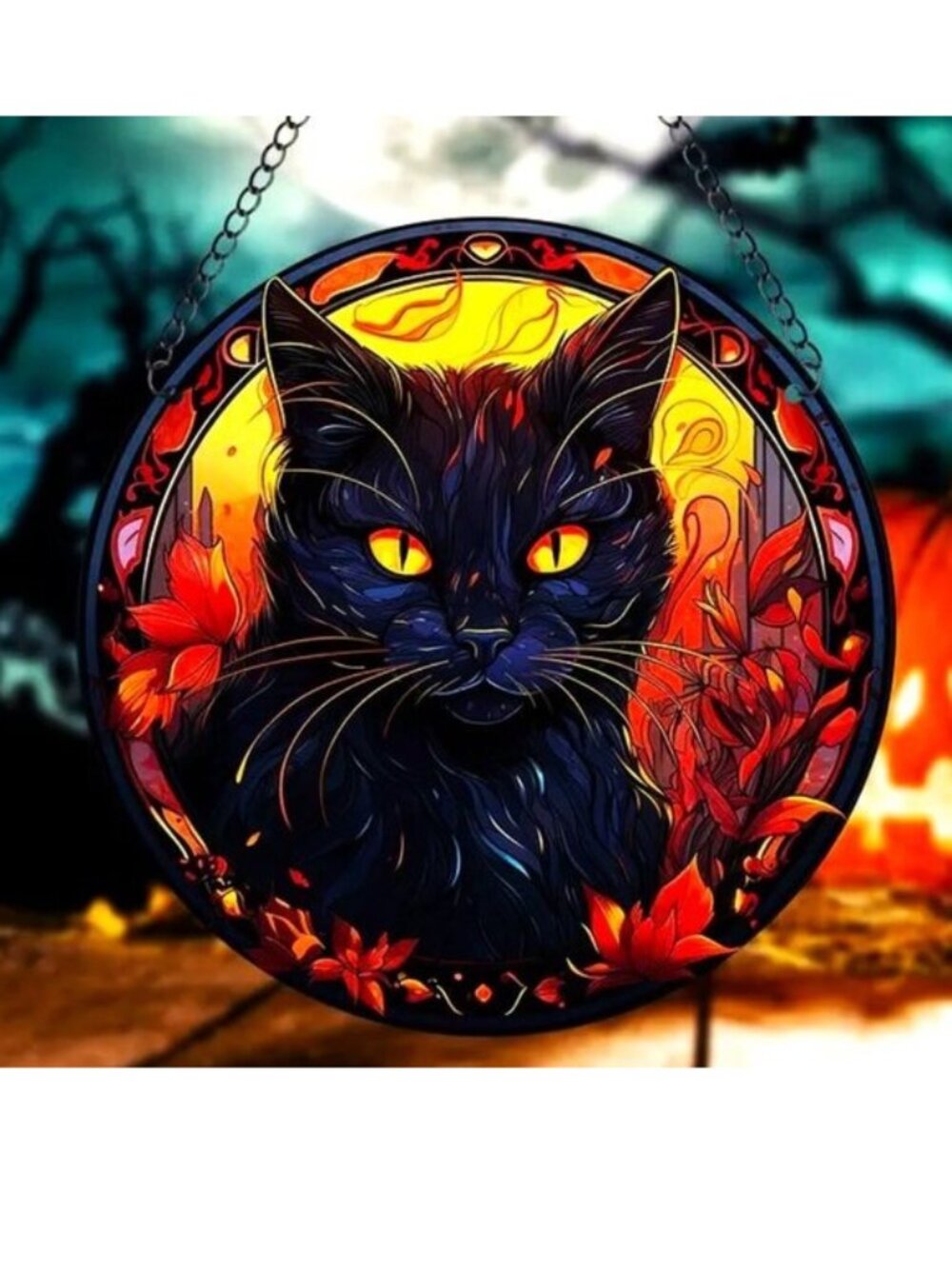 Black Cat Suncatcher Halloween Spider Web Scary Spooky Horror Hanging In/Outdoor